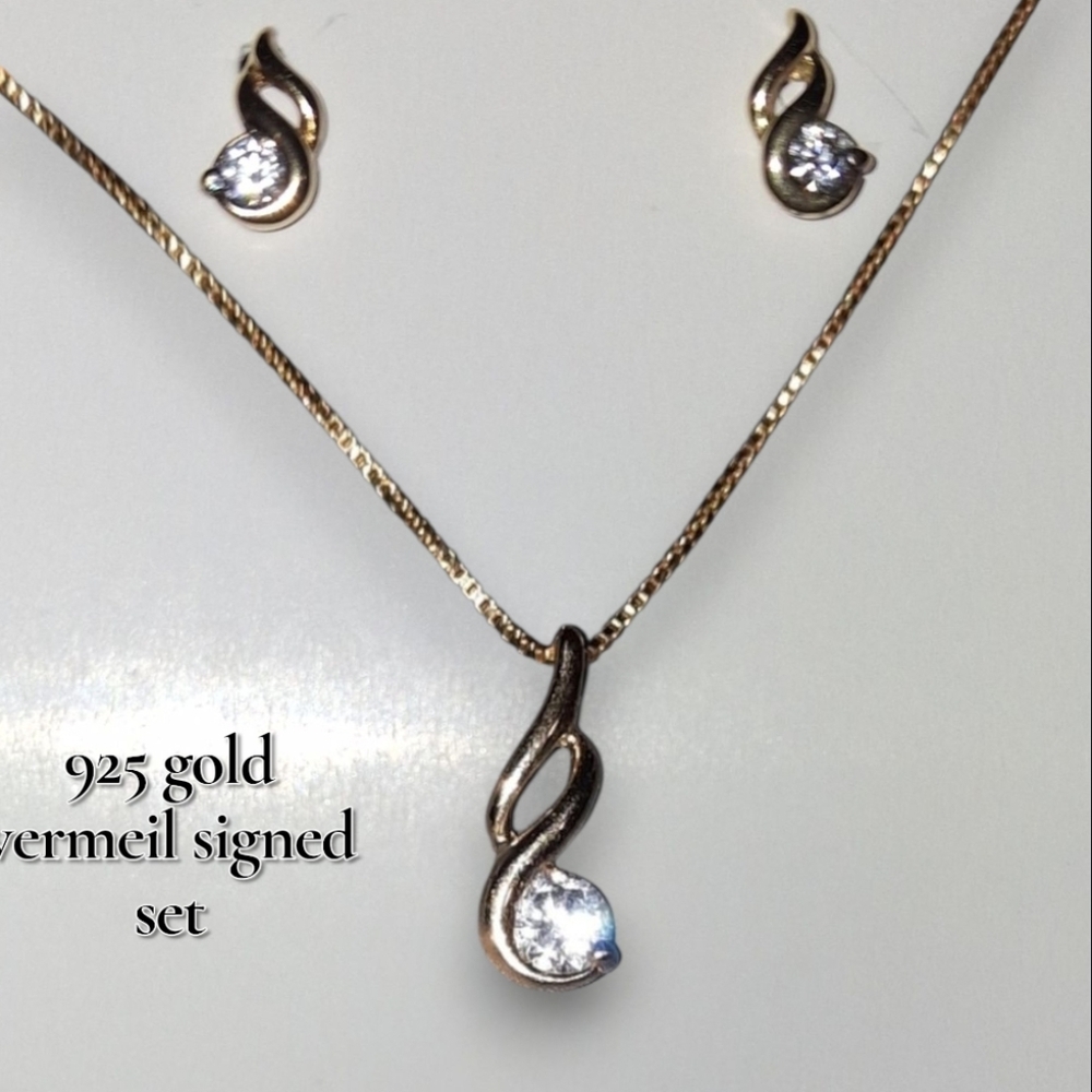 Signed Set 925 gold vermeil sterling CZ Swirl Necklace & Earrings R